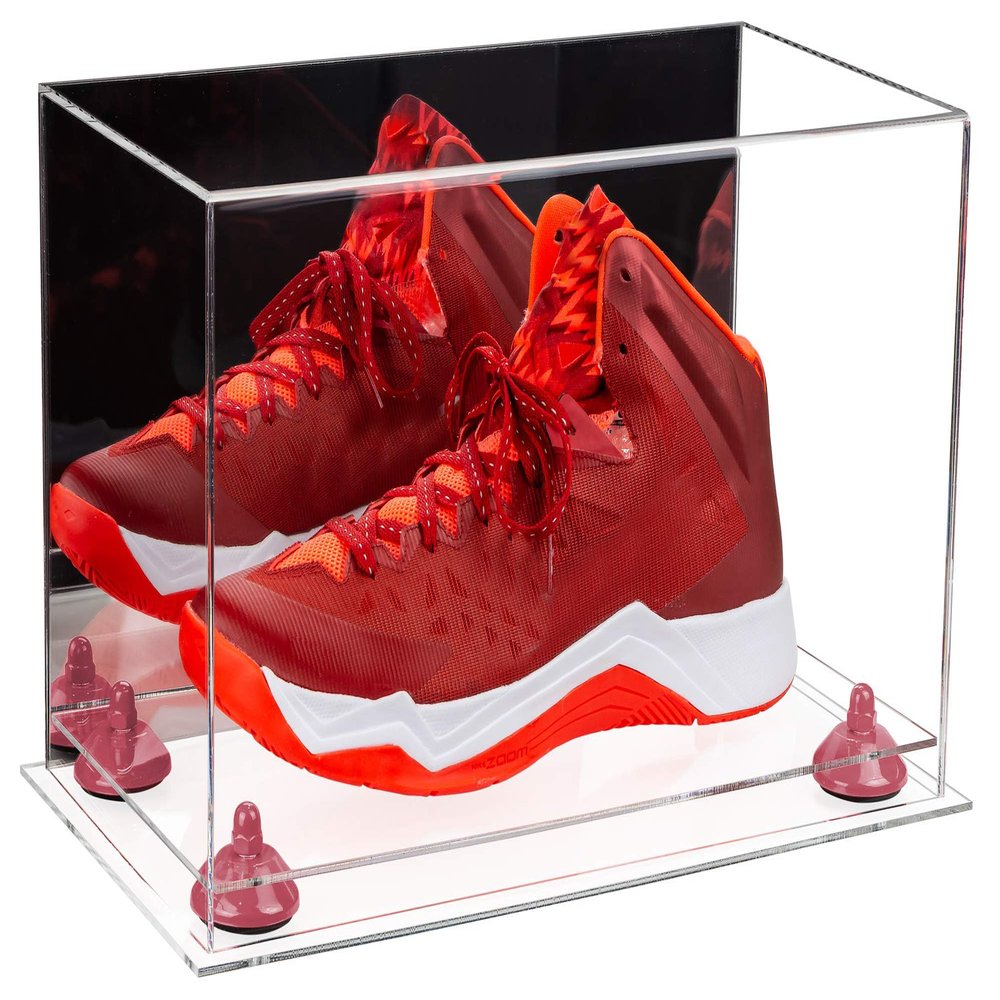 Better Display Cases Acrylic Large Shoe Display Case for Basketball Shoe Soccer Cleat Football Cleat with Mirror, Pink Risers and Clear Base (A013-PNR)