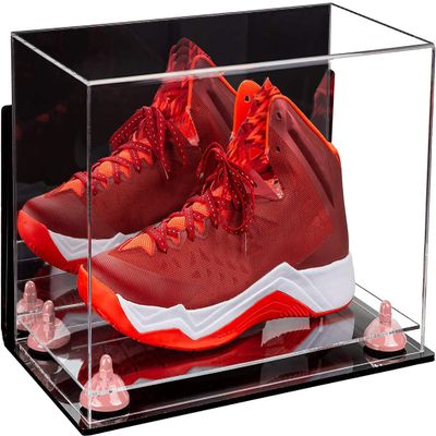 Better Display Cases Acrylic Large Shoe Display Case for Basketball Shoe Soccer Cleat Football Cleat with Mirror, Wall Mount, Pink Risers and Clear Base (A013-PNR)