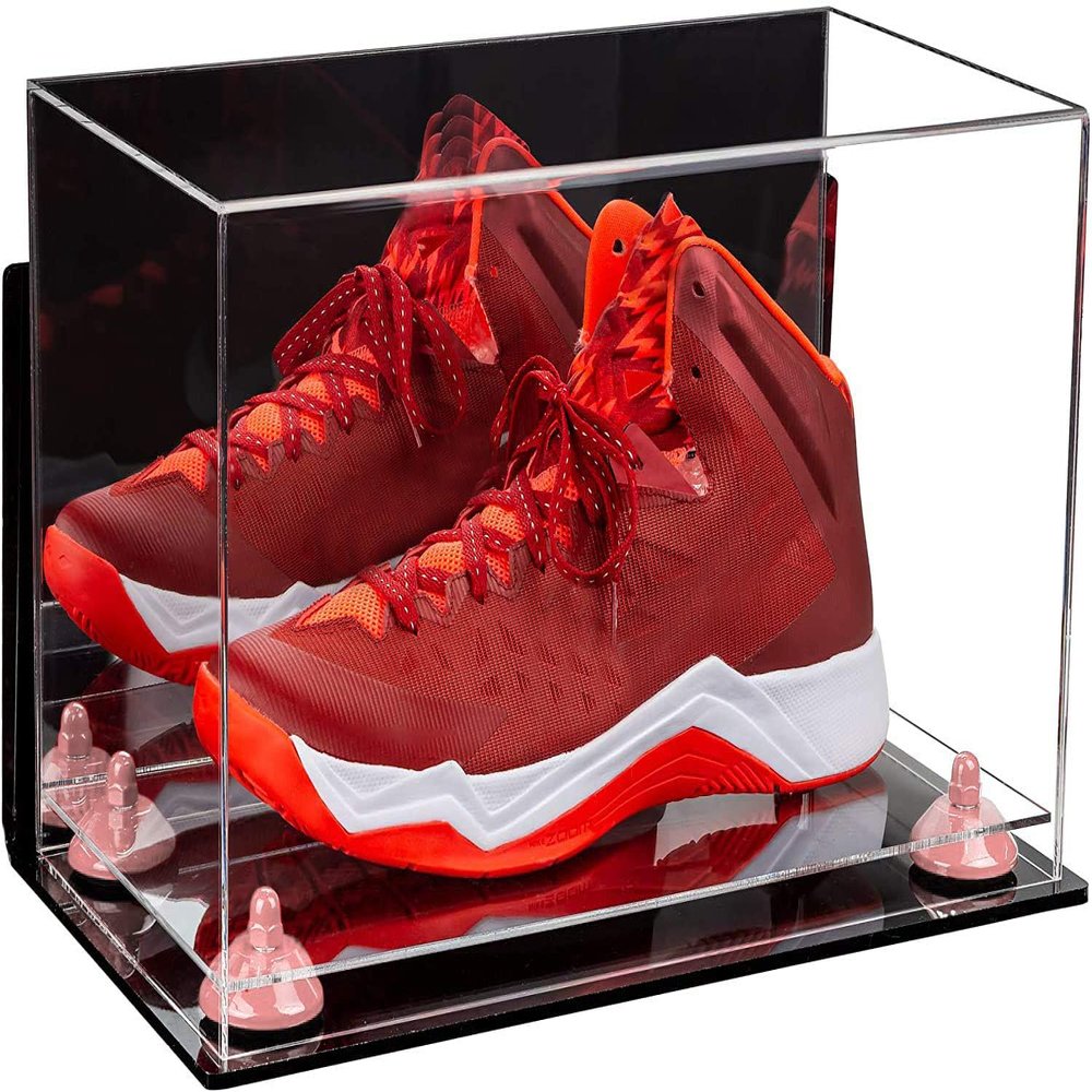 Better Display Cases Acrylic Large Shoe Display Case for Basketball Shoe Soccer Cleat Football Cleat with Mirror, Wall Mount, Pink Risers and Clear Base (A013-PNR)
