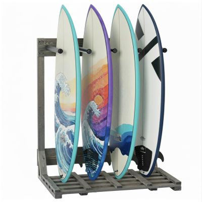 MyGift Vertical Surfboard Storage Rack, 4-Ft Weathered Gray Wood Freestanding Stand for Surfboards, Wakeboards, and SUP Boards Holds 4