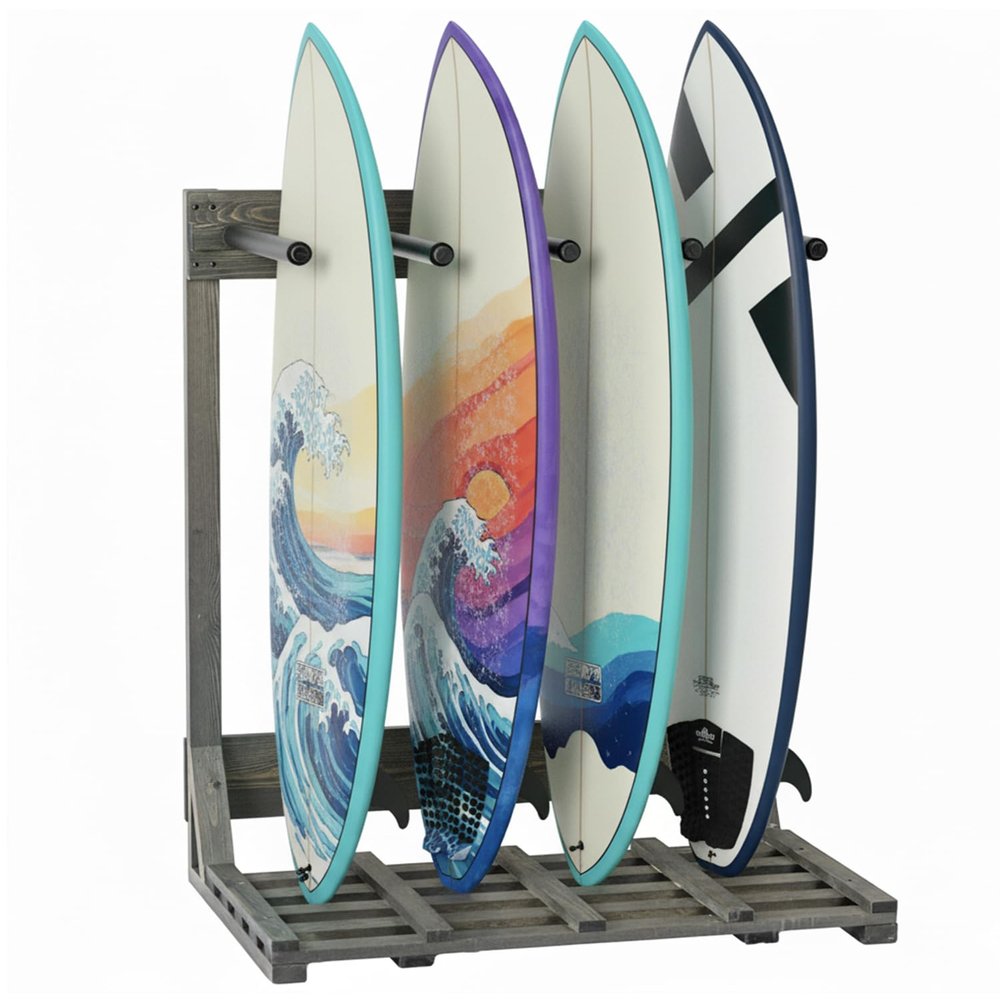 MyGift Vertical Surfboard Storage Rack, 4-Ft Weathered Gray Wood Freestanding Stand for Surfboards, Wakeboards, and SUP Boards Holds 4