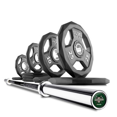 XMARK LUMBERJACK Olympic Bar Set with a 95 lb Set of BLACK DIAMOND Olympic Rubber Coated Weight Plates