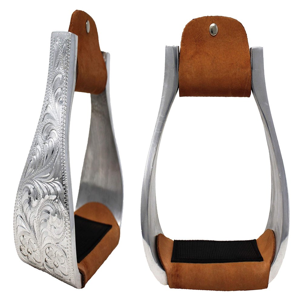 CHALLENGER Western Horse Tack Aluminum Engraved Rubber Grip Saddle Stirrups 5176