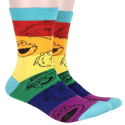 Bioworld Sesame Street Adult Striped Rainbow Color Character Heads Crew Socks For Men For Women