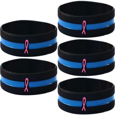 5 Pink Ribbon Wristbands with The Thin Blue Line