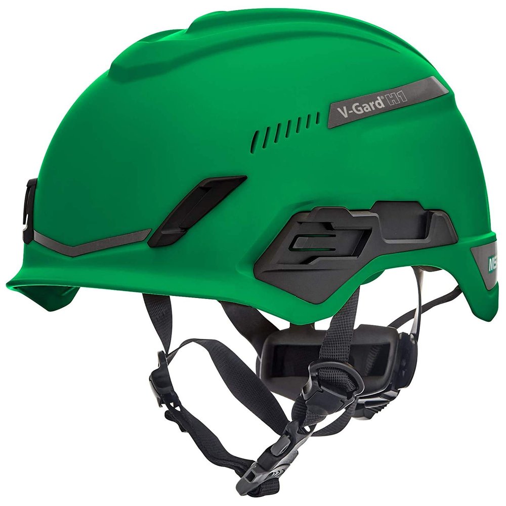 MSA 10194786 H1 V-Gard Helmet With Fas-Trac III Ratchet Suspension | Polyethylene Shell, Superior Impact Protection, Self Adjusting Crown Straps - Standard Size in Green
