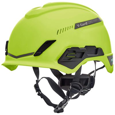 MSA 10194788 H1 V-Gard Helmet With Fas-Trac III Ratchet Suspension | Polyethylene Shell, Superior Impact Protection, Self Adjusting Crown Straps - Standard Size in Hi-Viz Yellow/Green