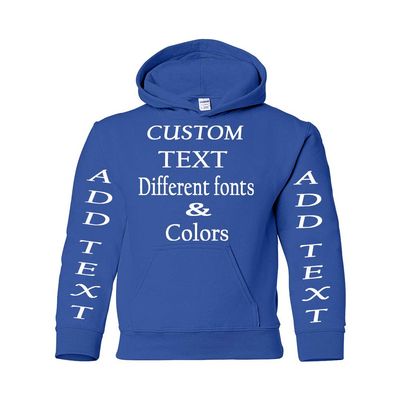 Just Customized Personalized Custom Made Youth Hoodie For Youth, Same Text On Both Sleeves, Custom Text, Design Your Own Royal