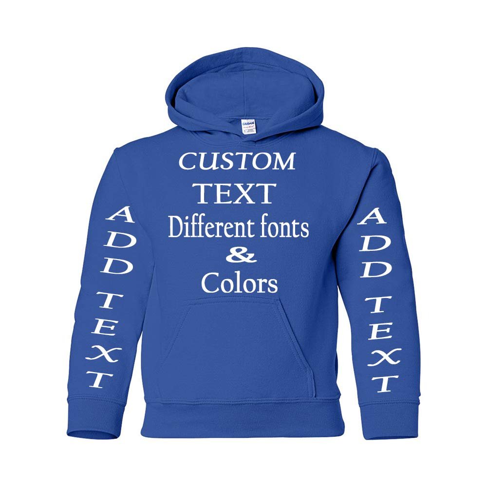 Just Customized Personalized Custom Made Youth Hoodie For Youth, Same Text On Both Sleeves, Custom Text, Design Your Own Royal