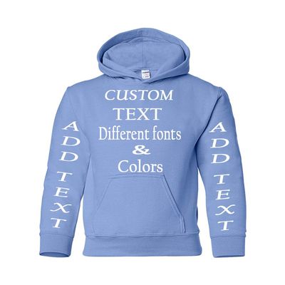 Just Customized Personalized Custom Made Youth Hoodie For Youth, Same Text On Both Sleeves, Custom Text, Design Your Own Carolina Blue