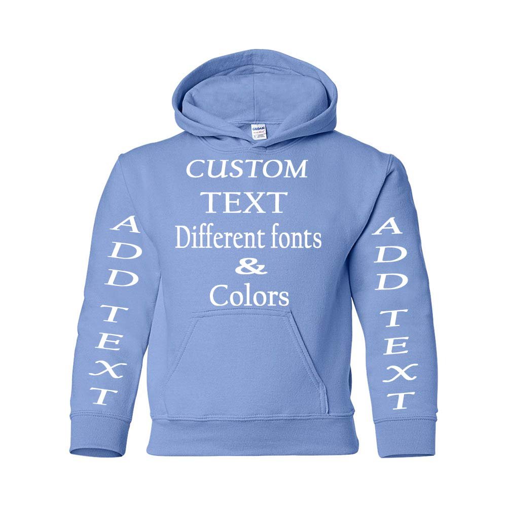 Just Customized Personalized Custom Made Youth Hoodie For Youth, Same Text On Both Sleeves, Custom Text, Design Your Own Carolina Blue
