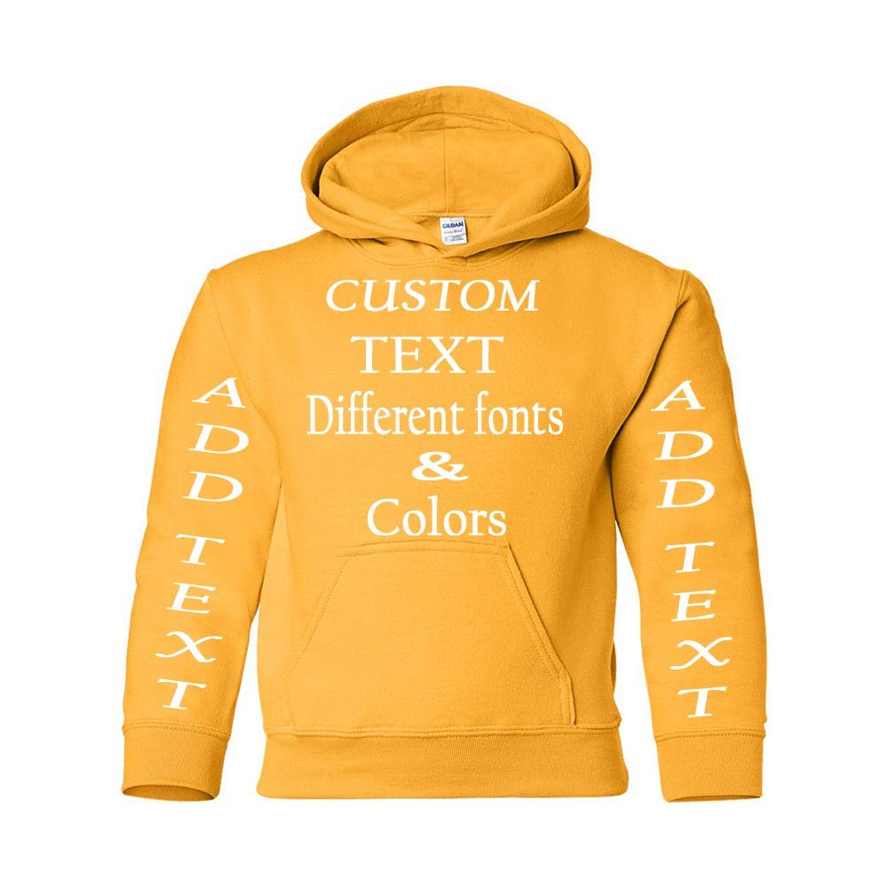 Just Customized Personalized Custom Made Youth Hoodie For Youth, Same Text On Both Sleeves, Custom Text, Design Your Own Gold
