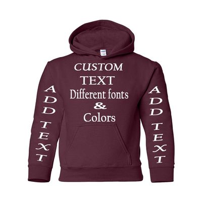 Just Customized Personalized Custom Made Youth Hoodie For Youth, Same Text On Both Sleeves, Custom Text, Design Your Own Maroon