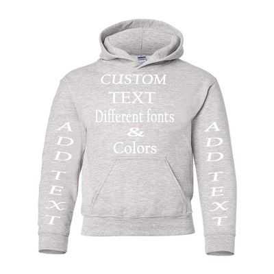 Just Customized Personalized Custom Made Youth Hoodie For Youth, Same Text On Both Sleeves, Custom Text, Design Your Own Ash