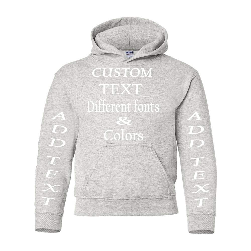 Just Customized Personalized Custom Made Youth Hoodie For Youth, Same Text On Both Sleeves, Custom Text, Design Your Own Ash