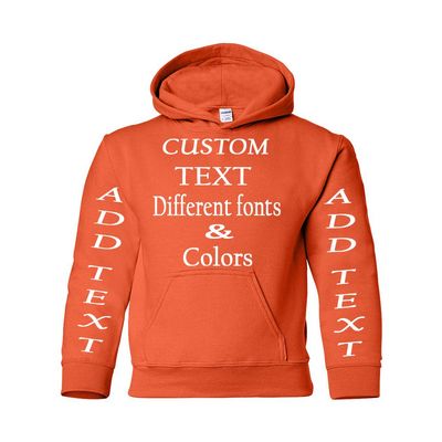 Just Customized Personalized Custom Made Youth Hoodie For Youth, Same Text On Both Sleeves, Custom Text, Design Your Own Orange