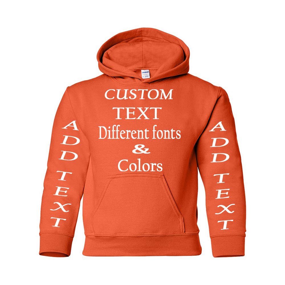 Just Customized Personalized Custom Made Youth Hoodie For Youth, Same Text On Both Sleeves, Custom Text, Design Your Own Orange