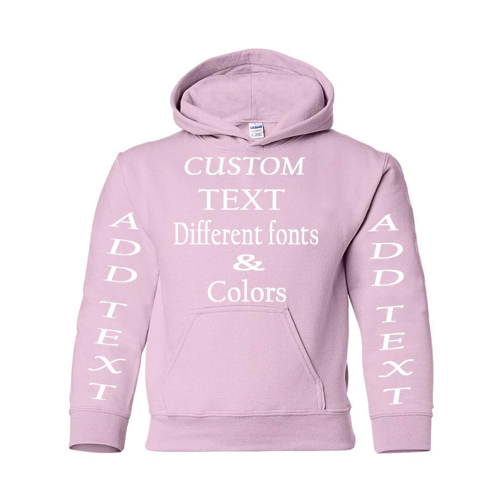 Just Customized Personalized Custom Made Youth Hoodie For Youth, Same Text On Both Sleeves, Custom Text, Design Your Own Light Pink
