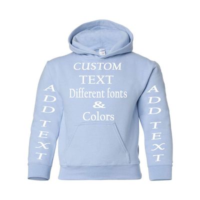 Just Customized Personalized Custom Made Youth Hoodie For Youth, Same Text On Both Sleeves, Custom Text, Design Your Own Light Blue