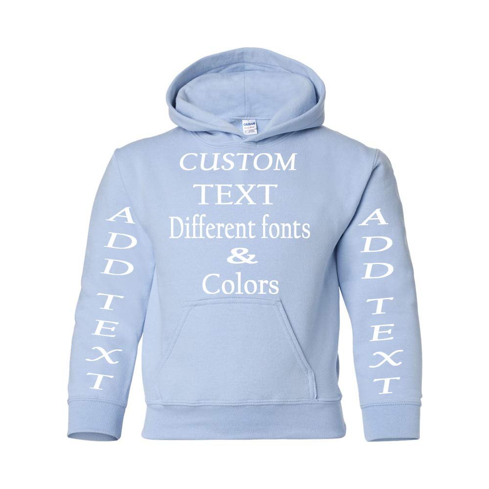 Just Customized Personalized Custom Made Youth Hoodie For Youth, Same Text On Both Sleeves, Custom Text, Design Your Own Light Blue
