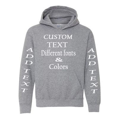 Just Customized Personalized Custom Made Youth Hoodie For Youth, Same Text On Both Sleeves, Custom Text, Design Your Own Graphite Heather