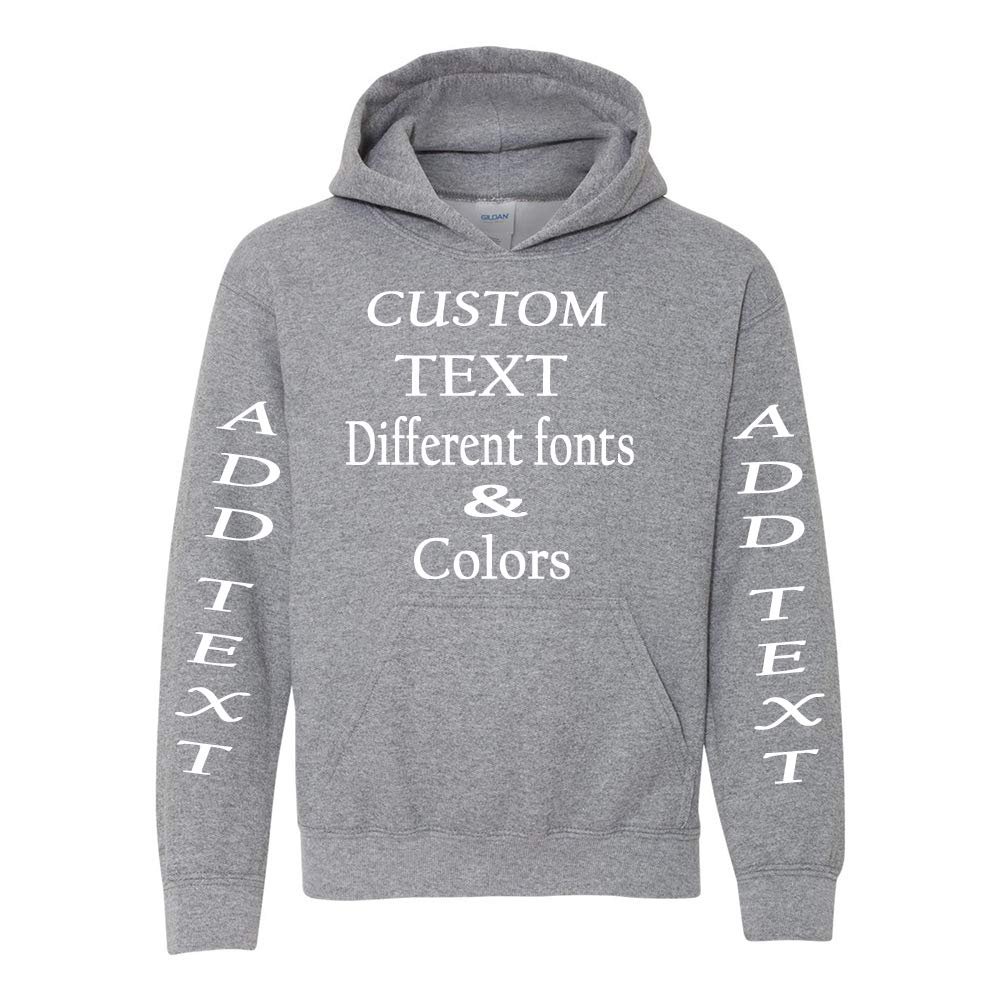 Just Customized Personalized Custom Made Youth Hoodie For Youth, Same Text On Both Sleeves, Custom Text, Design Your Own Graphite Heather