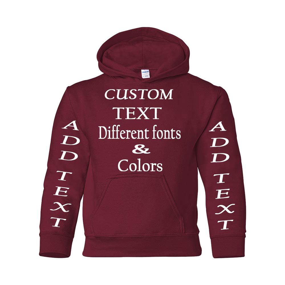 Just Customized Personalized Custom Made Youth Hoodie For Youth, Same Text On Both Sleeves, Custom Text, Design Your Own