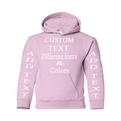 Just Customized Personalized Custom Made Youth Hoodie For Youth, Same Text On Both Sleeves, Custom Text, Design Your Own Light Pink