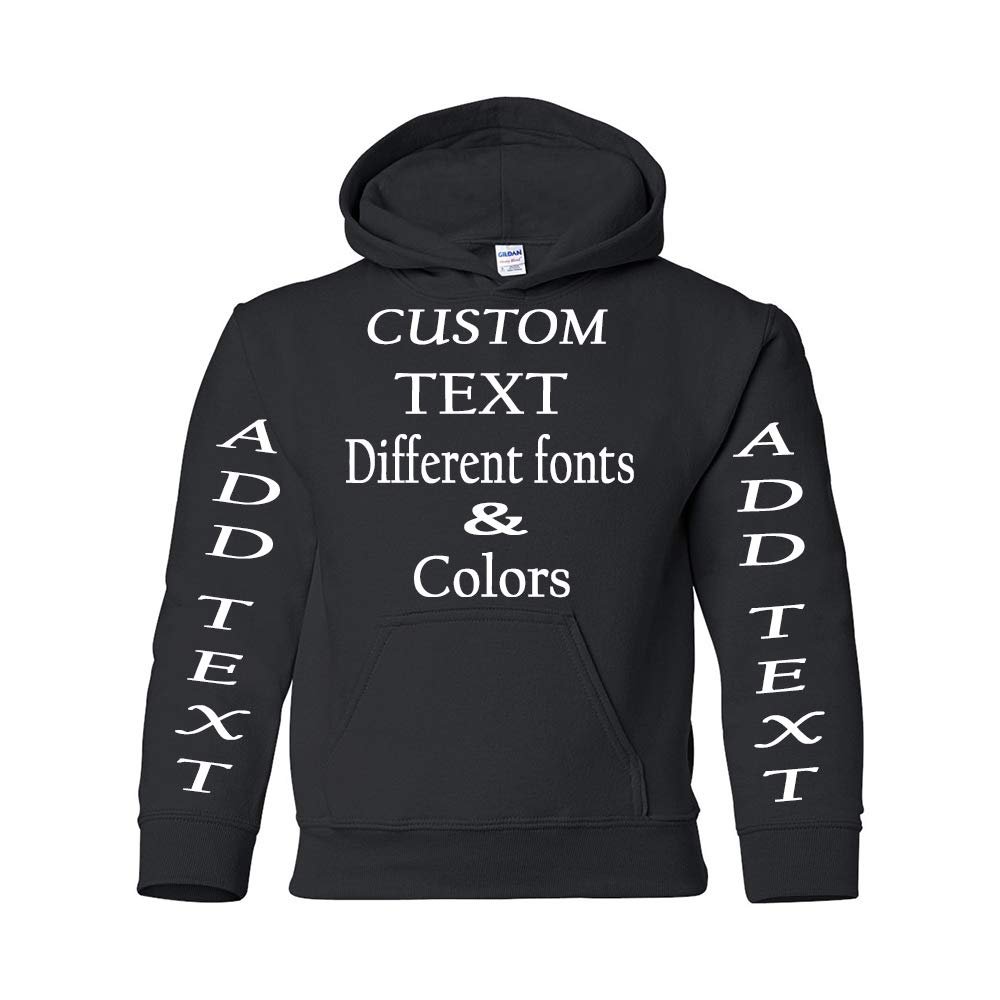 Just Customized Personalized Custom Made Youth Hoodie For Youth, Same Text On Both Sleeves, Custom Text, Design Your Own Black