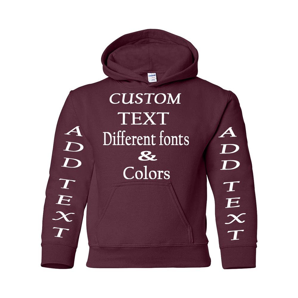 Just Customized Personalized Custom Made Youth Hoodie For Youth, Same Text On Both Sleeves, Custom Text, Design Your Own Maroon