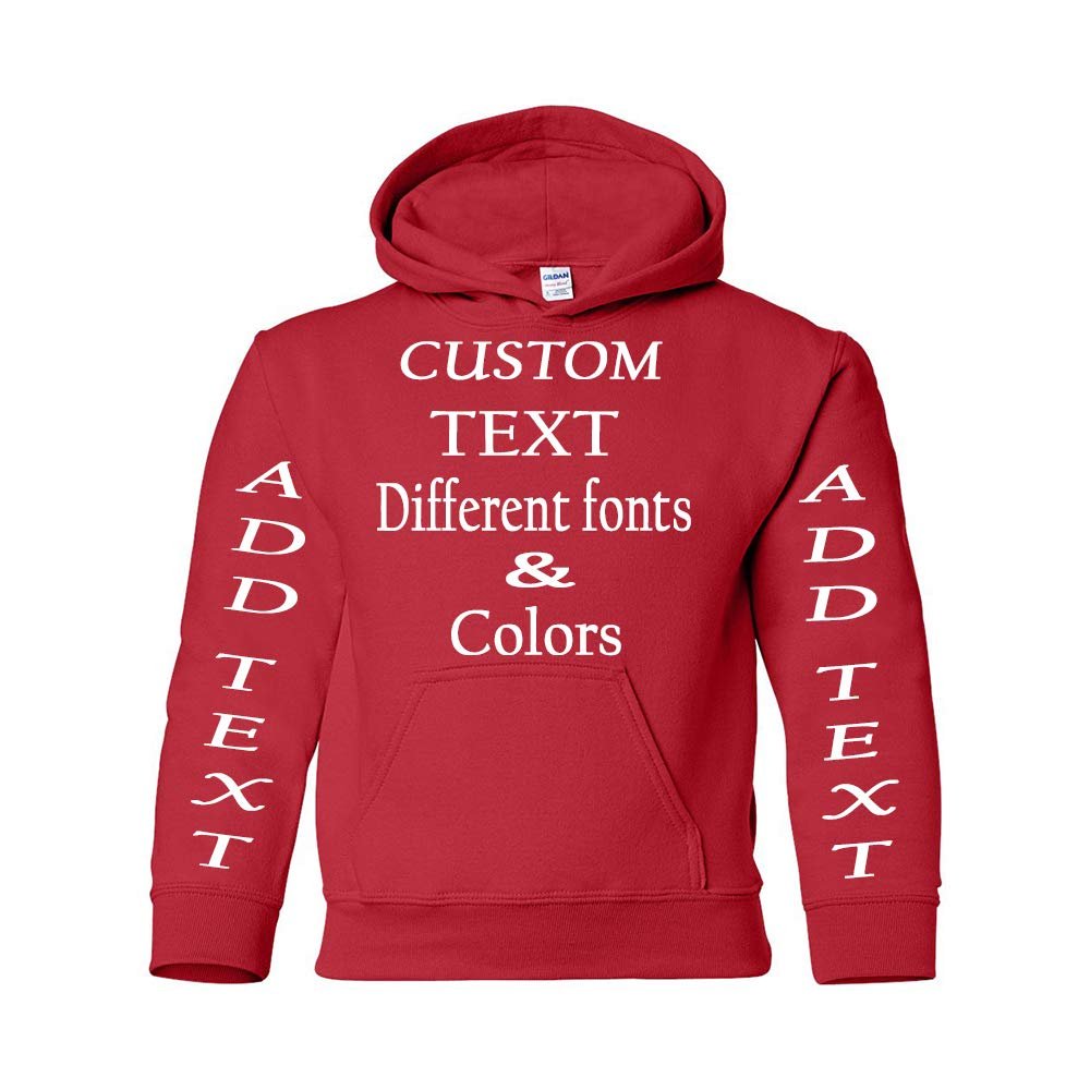 Just Customized Personalized Custom Made Youth Hoodie For Youth, Same Text On Both Sleeves, Custom Text, Design Your Own Red