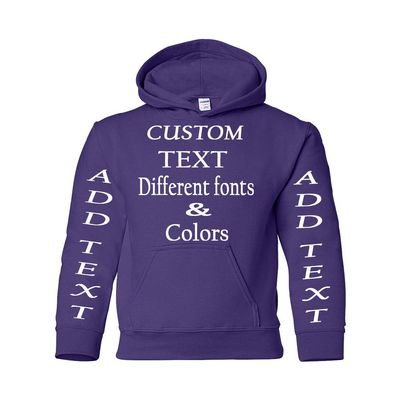 Just Customized Personalized Custom Made Youth Hoodie For Youth, Same Text On Both Sleeves, Custom Text, Design Your Own Purple