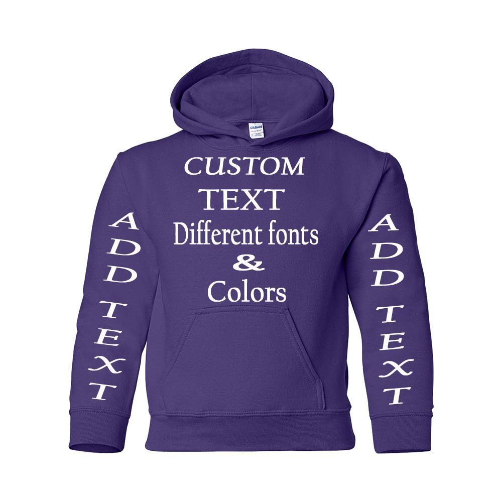 Just Customized Personalized Custom Made Youth Hoodie For Youth, Same Text On Both Sleeves, Custom Text, Design Your Own Purple
