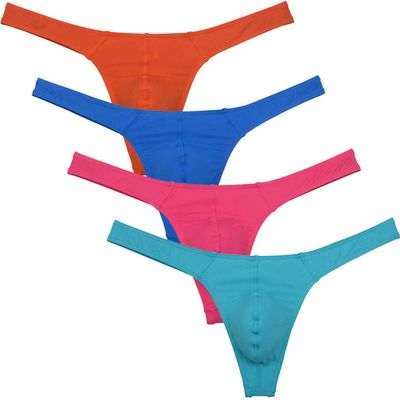 JAXFSTK Men's Smooth Bikini Thong Underwear Low Rise Bulge Pouch T-back Sexy Tangas Panties 4-Pack OBlPL Medium