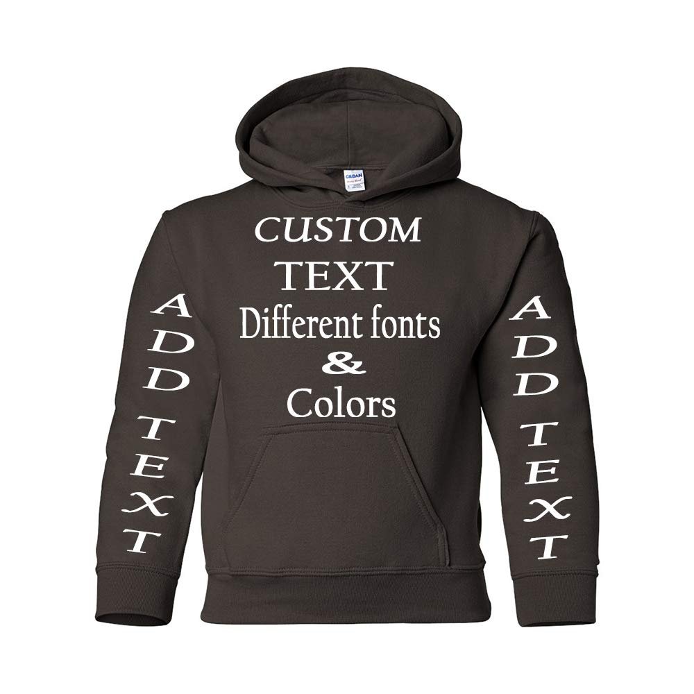 Just Customized Personalized Custom Made Youth Hoodie For Youth, Same Text On Both Sleeves, Custom Text, Design Your Own Dark Chocolate