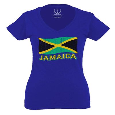 0052. Carribean Outfit Jamaica Jamaican National Country Flag for Women V Neck Fitted T Shirt (Royal X Small)