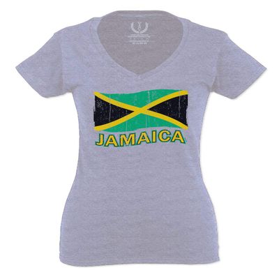 0052. Carribean Outfit Jamaica Jamaican National Country Flag for Women V Neck Fitted T Shirt (Light Gray X Small)