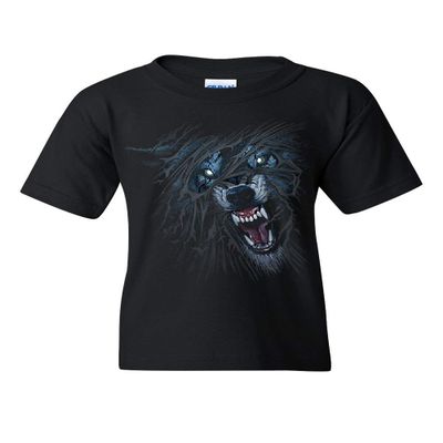 Fierce Growling Wolf Youth T-Shirt Wilderness Wild Animal Lone Wolf Kids Tee Black Small