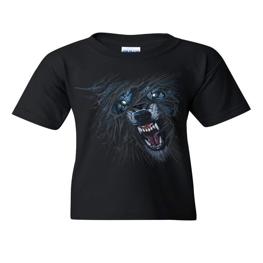 Fierce Growling Wolf Youth T-Shirt Wilderness Wild Animal Lone Wolf Kids Tee Black Small
