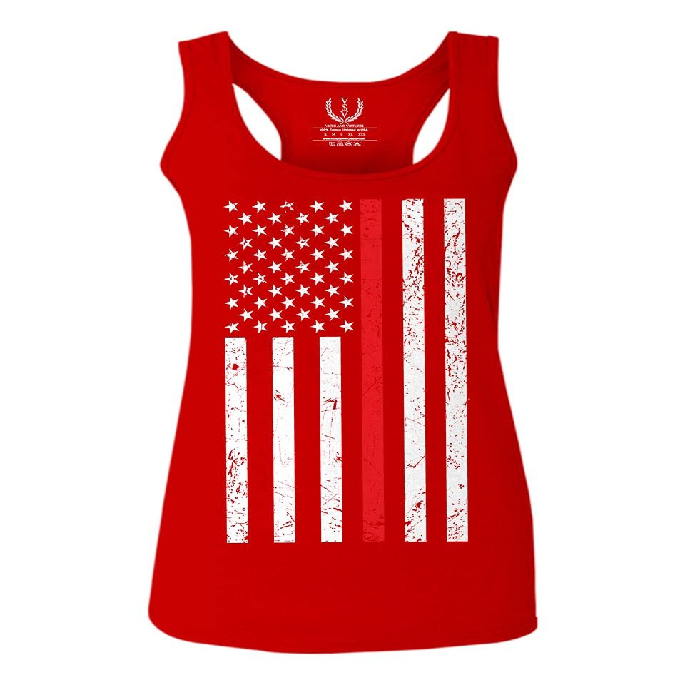 0059. American Flag Thin Red Line Firefighter Support Fireman Patriotic Style Women's Tank Top Racerback (Red, X Small)