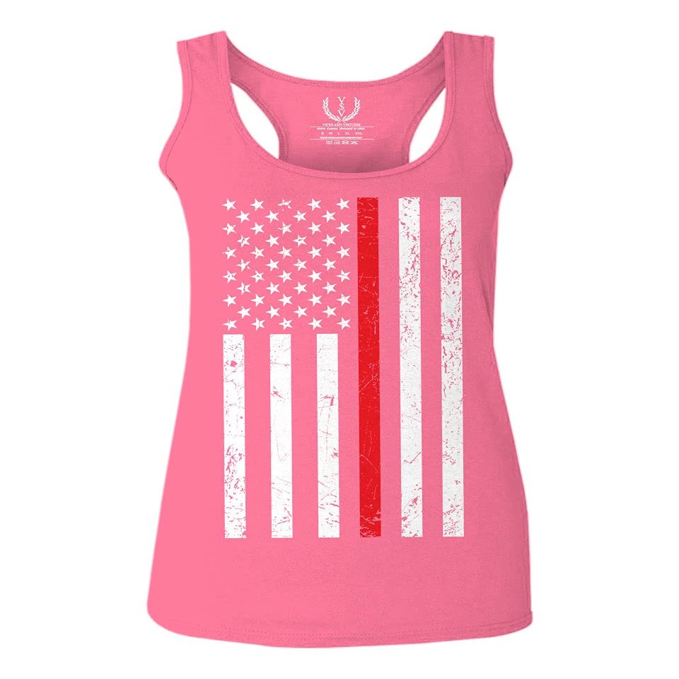 0059. American Flag Thin Red Line Firefighter Support Fireman Patriotic Style Women's Tank Top Racerback (Pink X Small)