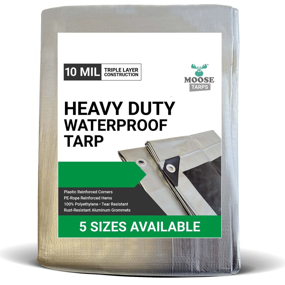 Moose Supply Tent Tarp, Waterproof, Heavy Duty Cover for Swimming Pool, Camping, Truck, Car, Tents, Roof, Boat or Furniture, UV and Tear Resistant, Indoor/Outdoor Silver and Black Tarp, 25' x 40'