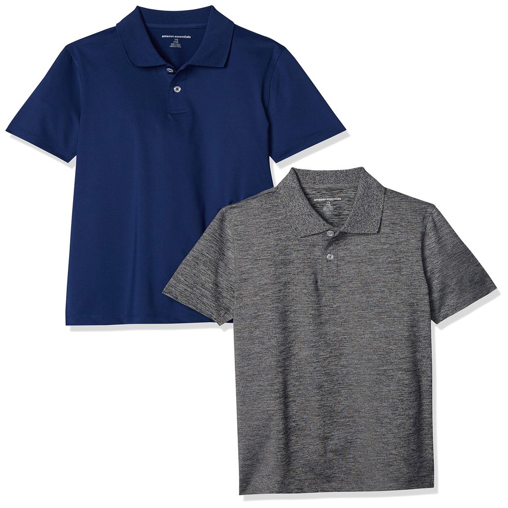 Amazon Essentials Toddler Boys' Short-Sleeve Active Performance Polo Shirts for School Uniform, Pack of 2, Navy/Grey, 2T