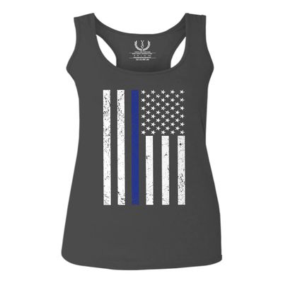 0075. Big Flag USA American Police Support Blue Lives Matter Thin Line Patriotic Style Women's Tank Top Racerback (Characol X Small)
