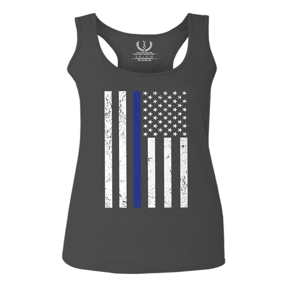 0075. Big Flag USA American Police Support Blue Lives Matter Thin Line Patriotic Style Women's Tank Top Racerback (Characol X Small)