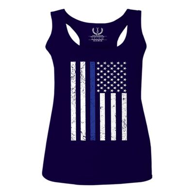 0075. Big Flag USA American Police Support Blue Lives Matter Thin Line Patriotic Style Women's Tank Top Racerback (Navy Blue, X Small)