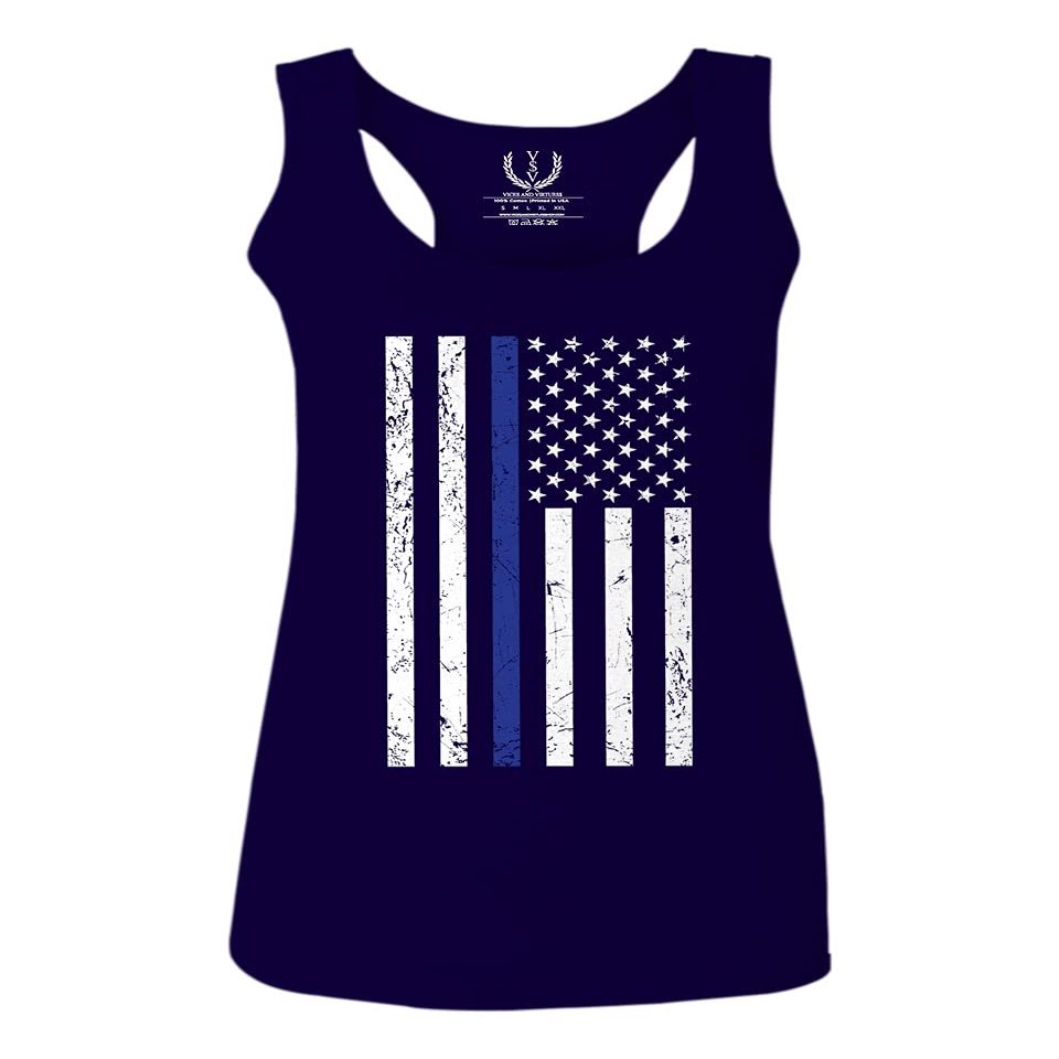 0075. Big Flag USA American Police Support Blue Lives Matter Thin Line Patriotic Style Women's Tank Top Racerback (Navy Blue, X Small)