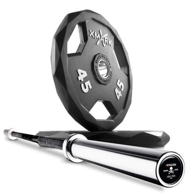 XMark Combo Offer 45 lb Pair of BLACK DIAMOND Premium Quality Rubber Coated Olympic Weight Plates with 7 ft Deadlift VOODOO Commercial Olympic Bar, 1500 lb Weight Capacity