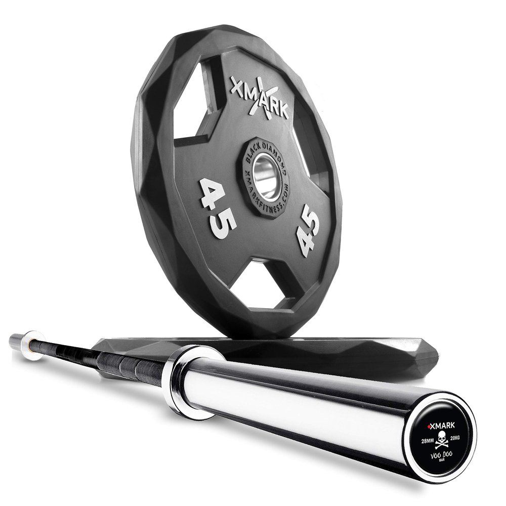 XMark Combo Offer 45 lb Pair of BLACK DIAMOND Premium Quality Rubber Coated Olympic Weight Plates with 7 ft Deadlift VOODOO Commercial Olympic Bar, 1500 lb Weight Capacity