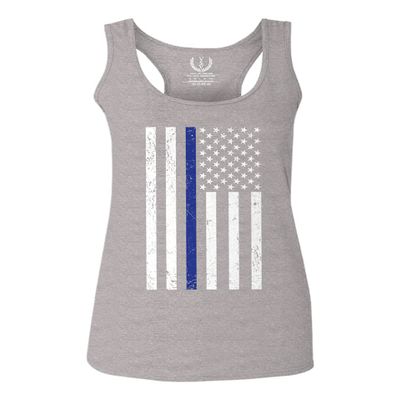 0075. Big Flag USA American Police Support Blue Lives Matter Thin Line Patriotic Style Women's Tank Top Racerback (Light Gray X Small)